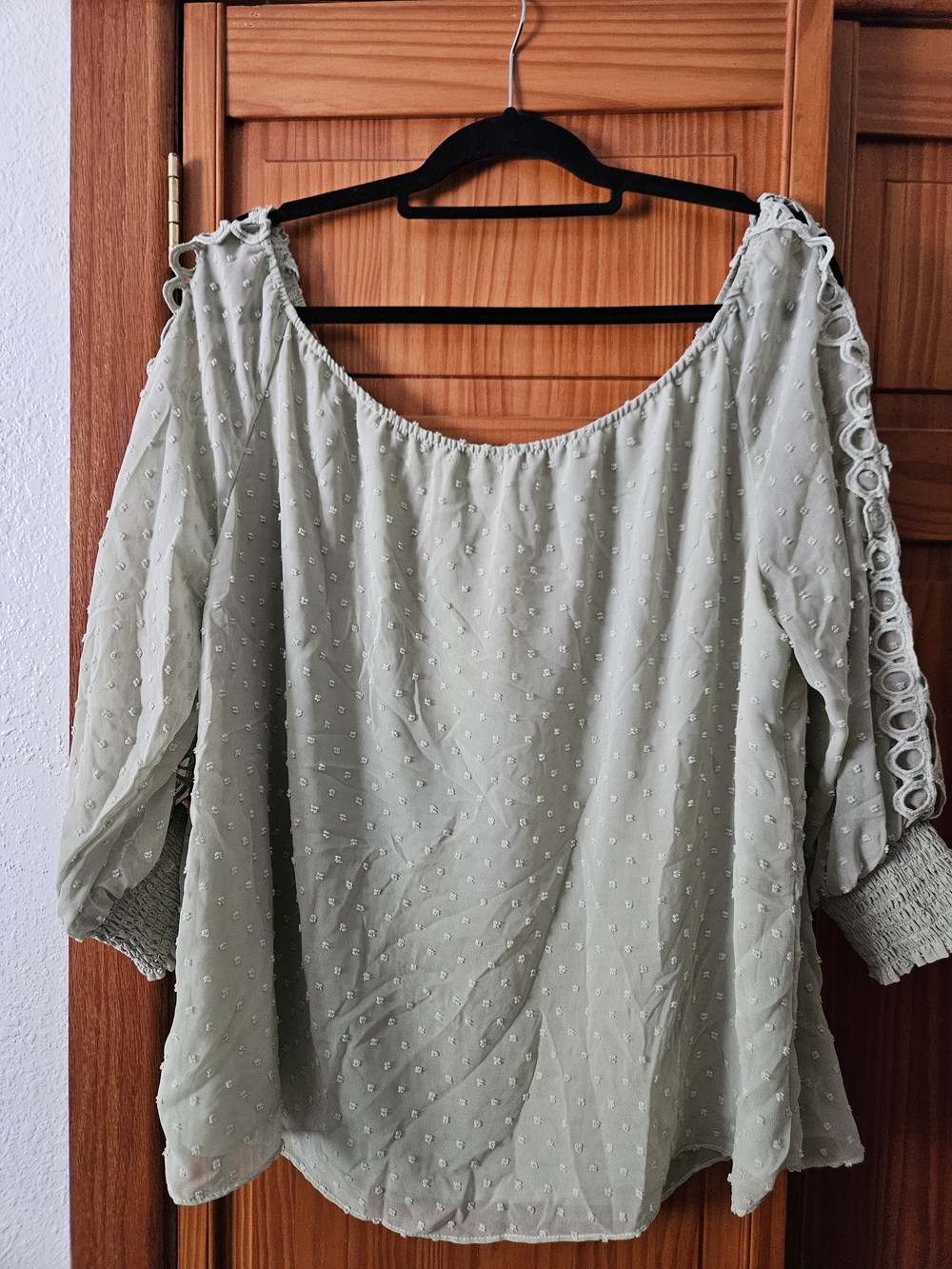 Cato Sage Green Off-Shoulder Dot-Texture Blouse